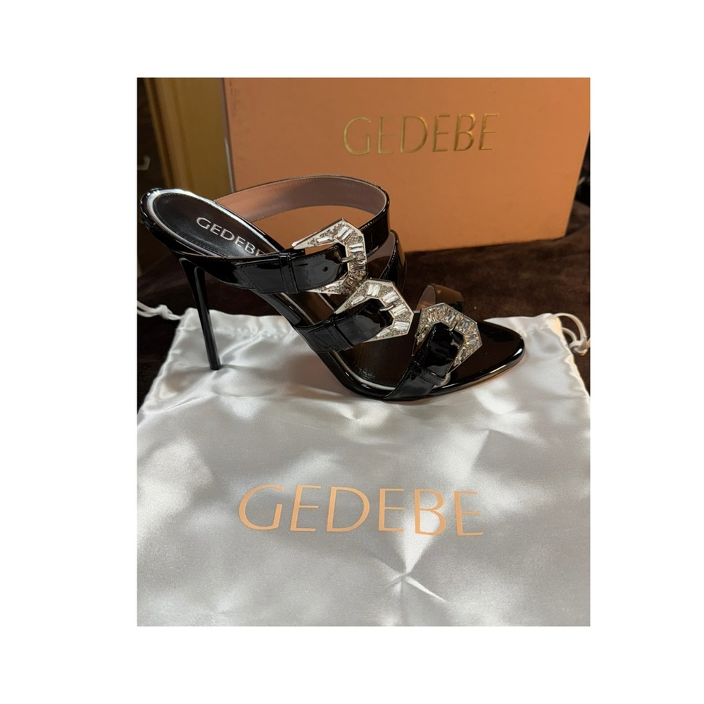 Gedebe Black Leather Rhinestone Buckles Stiletto sandal size 41/10